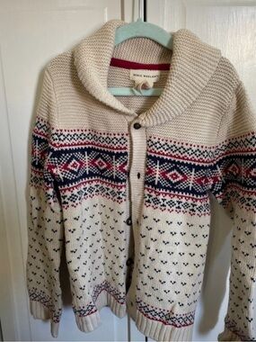 Maison Whelan Cream Fair Isle Shawl-Collar Cardigan Sweater